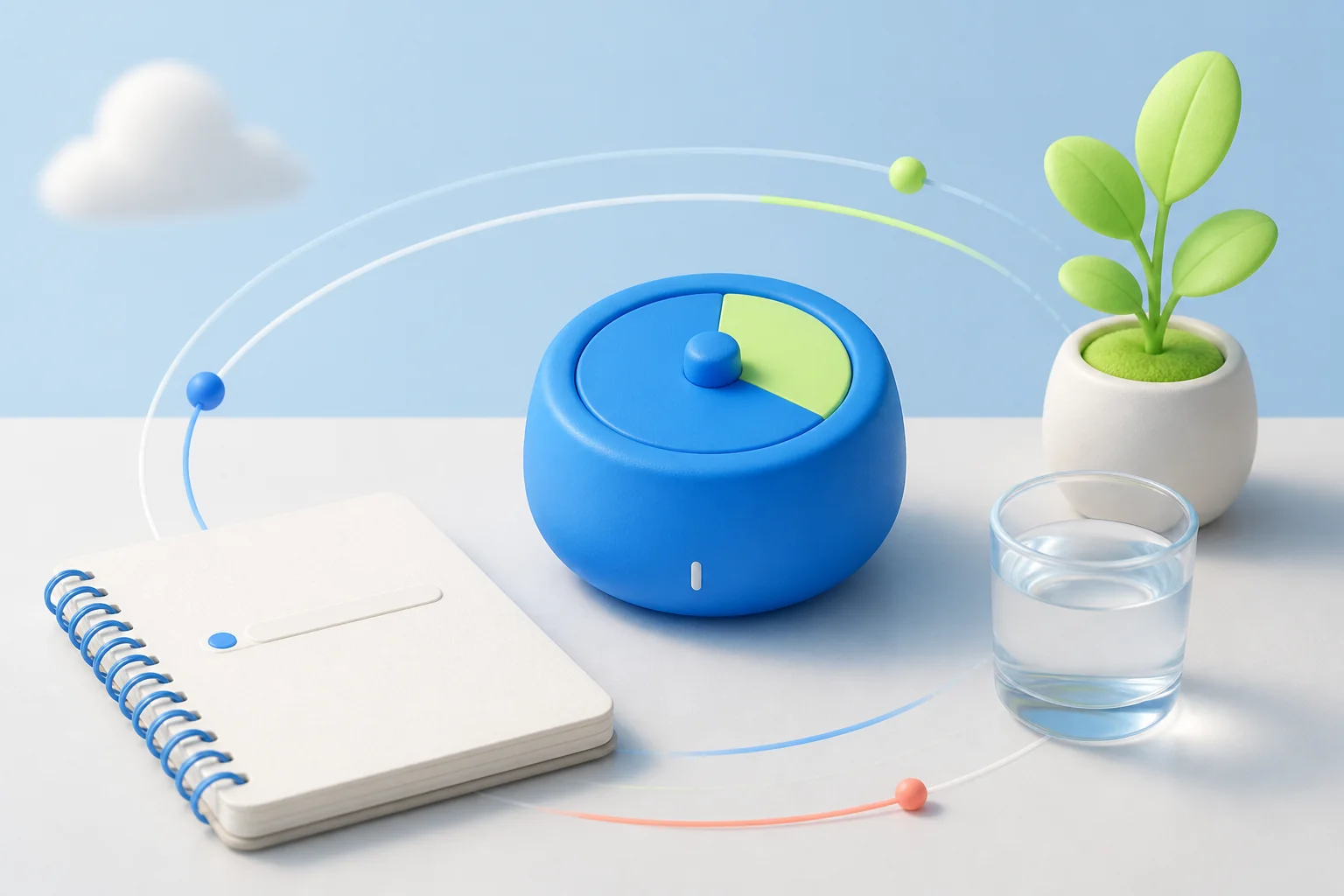 A blue focus timer surrounded by a notebook, plant, and water glass